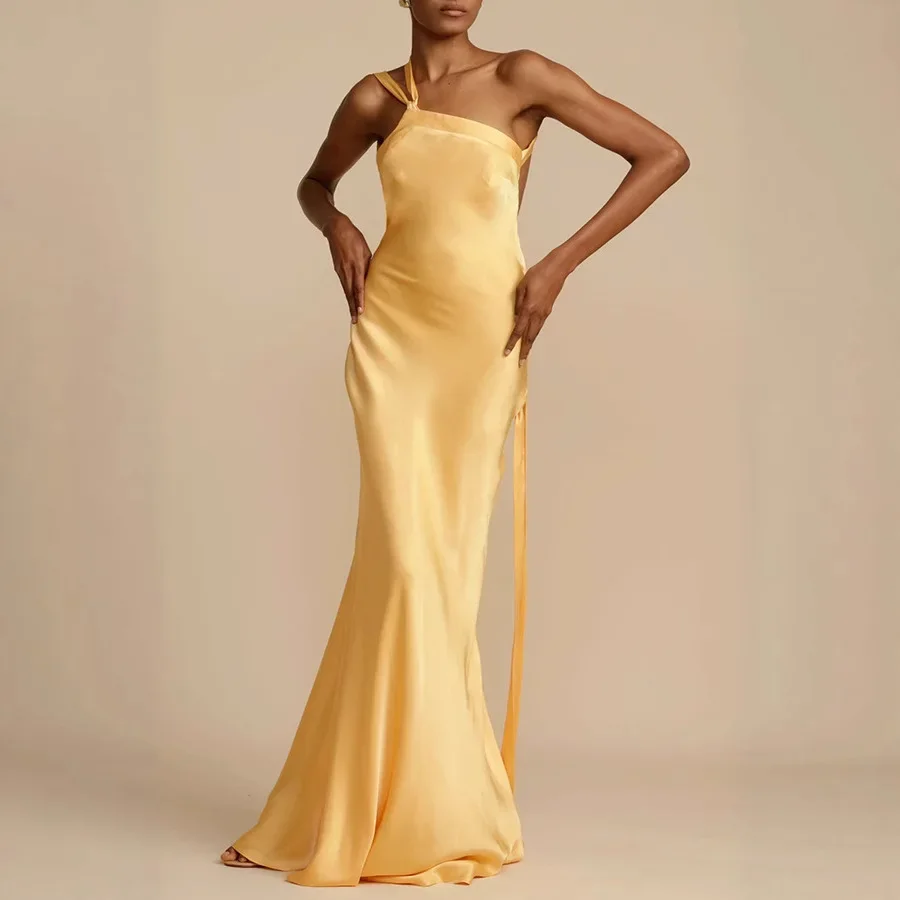 Cross-Border Spring Summer New Style Casual Party Dress Asymmetrical Shoulder Slimming Fashionable Evening Gown Long Ankle