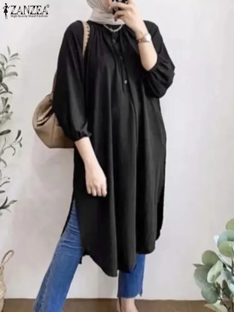 Elegant Women 3/4 Sleeve Split Hem Long Shirt ZANZEA Autumn Abaya Hijab Tops Tunic Fashion Islamic Clothing Solid Muslim Blouse