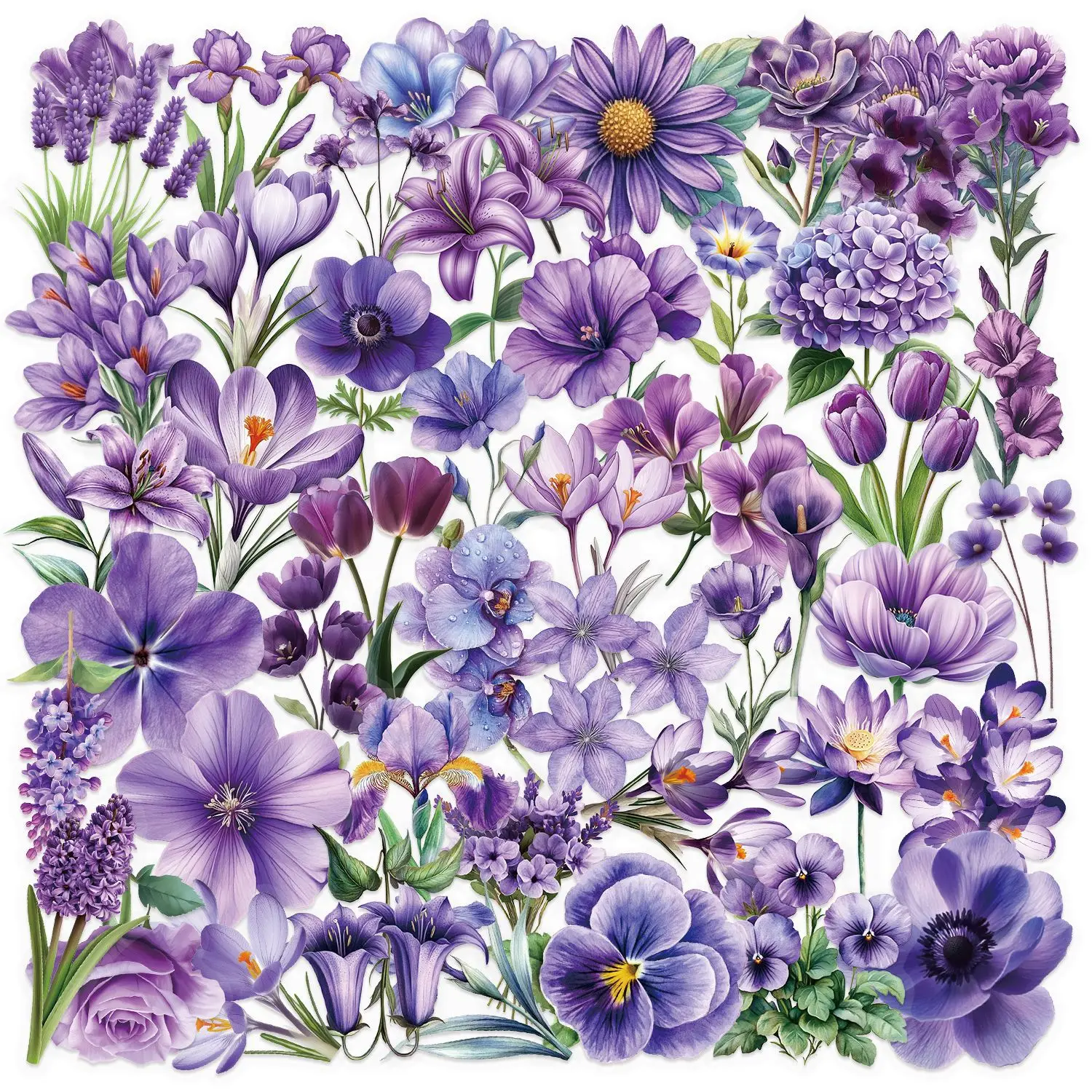 

50pcs Transparent Romantic Art Purple Flowers Stickers Creative DIY Waterproof Sticker for Decoration Laptops Phone Cases