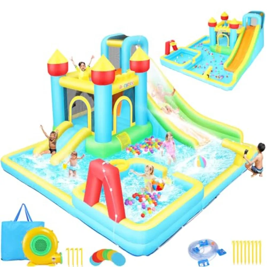 Tobogán Acuático Inflable Gigante de 13FTx12.5FT con Piscina Profunda y Aro de Baloncesto, Castillo Hinchable para Saltar