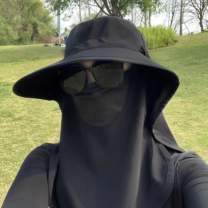 Women's Summer Wide Brim Hat UV Protection Sunshade Fisherman Cap Full-Round Sunscreen Neck Scarf Integrated Hat Face Mask