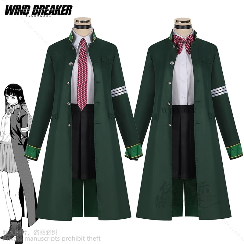 

Wind Breaker Anime Tasuku Tsubakino Cosplay Costume Green Long Trench Coat JK School Uniform Skirt White Shirt Choker Tie Bow