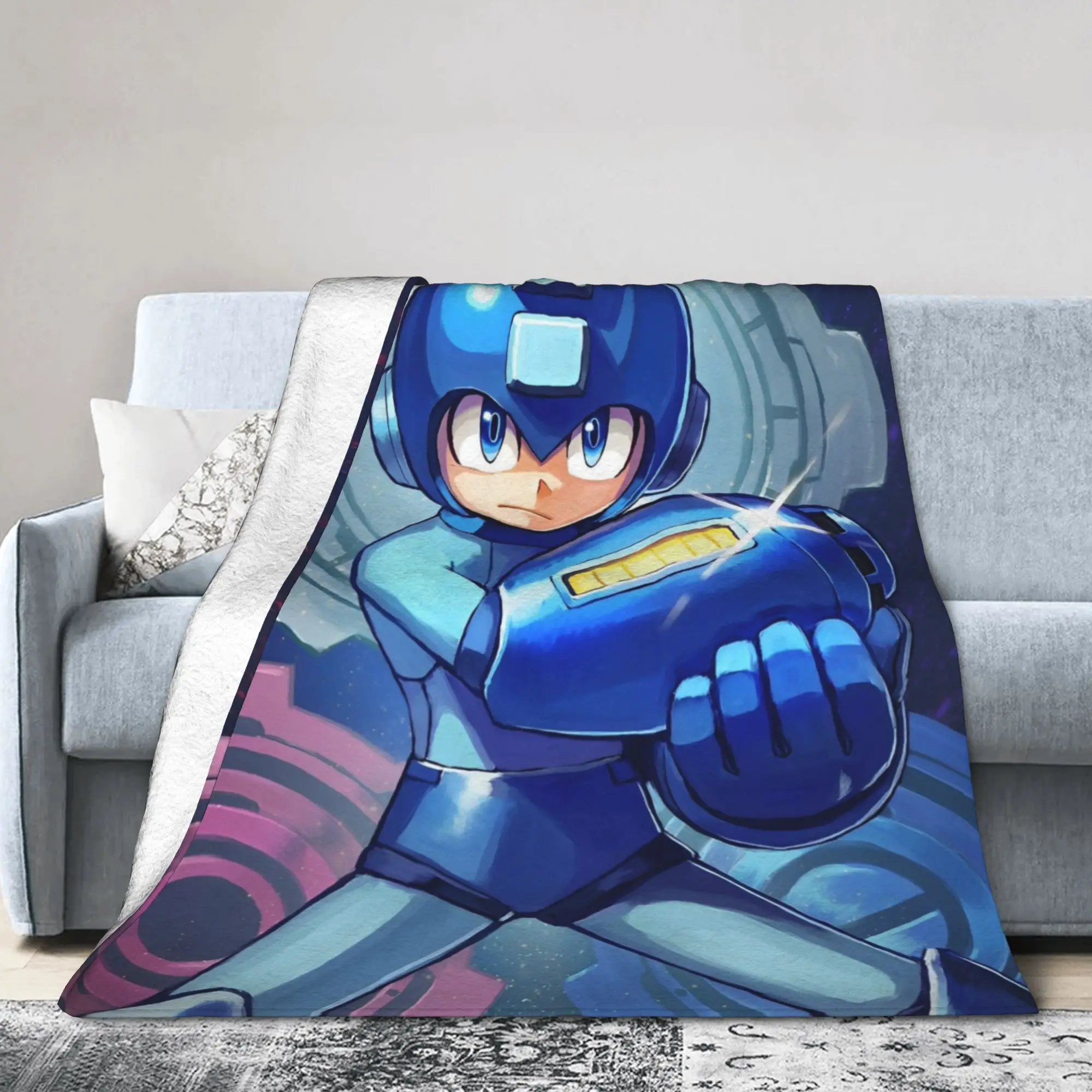 Mega Man Cartoon Rockman Game Knitted Blanket Robot Masters Fuzzy Throw Blankets Home Decoration Soft Warm Bedspreads Breathable