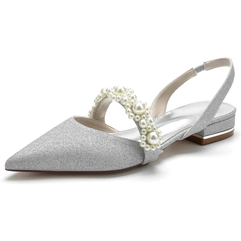 Glitter Pearls Flat Wedding Slingback Shoes Pointed Toe Prom Evening Formal Party Bridal Shoes Sandals Flats for Women