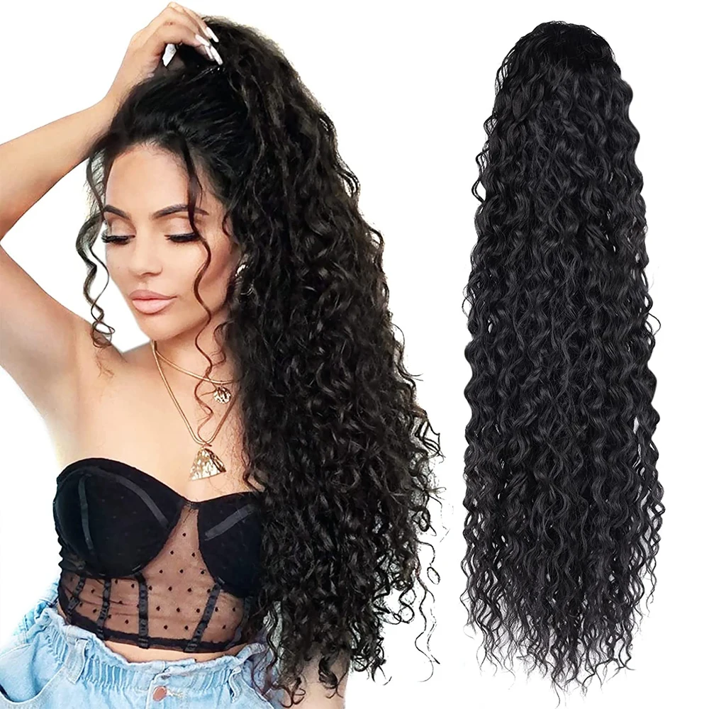 Extensión de cabello de cola de caballo larga y rizada, Clip instantáneo sintético de onda profunda, Clip de cola de caballo con cordón, postizo