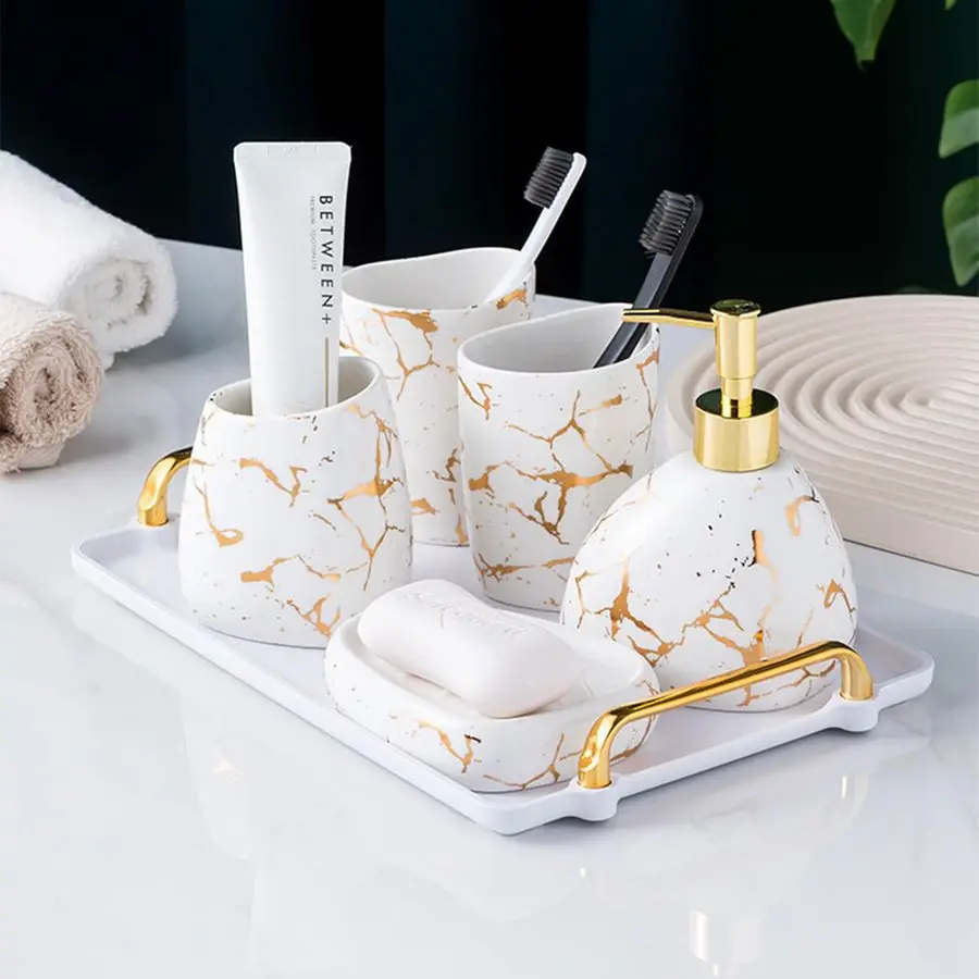 

White Bathroom Accessories Set,Gold Marble Look Bathroom Decor,Modern 6 Piece Bathroom Accessory Set,Complete with Soap Dispense