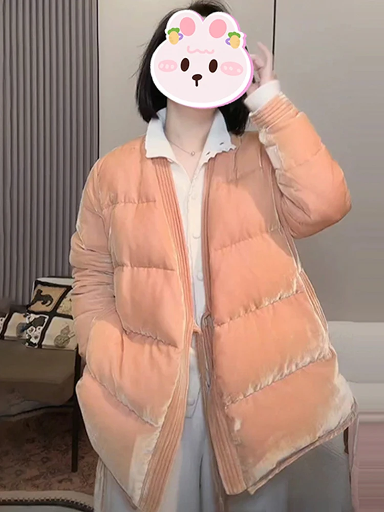 

Winter New Design Women's Loose Fit Cotton Jacket V-Neck Tied Waist Korean Style Warm Outerwear Long Sleeve Regular Length