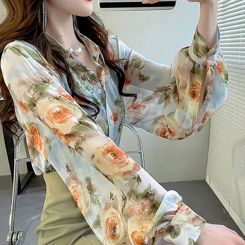 Fashion Temperament Long Sleeve Shirts Ladies Printing Perspective Women Clothing Summer Sexy Sunscreen Buttons Vintage Blouses