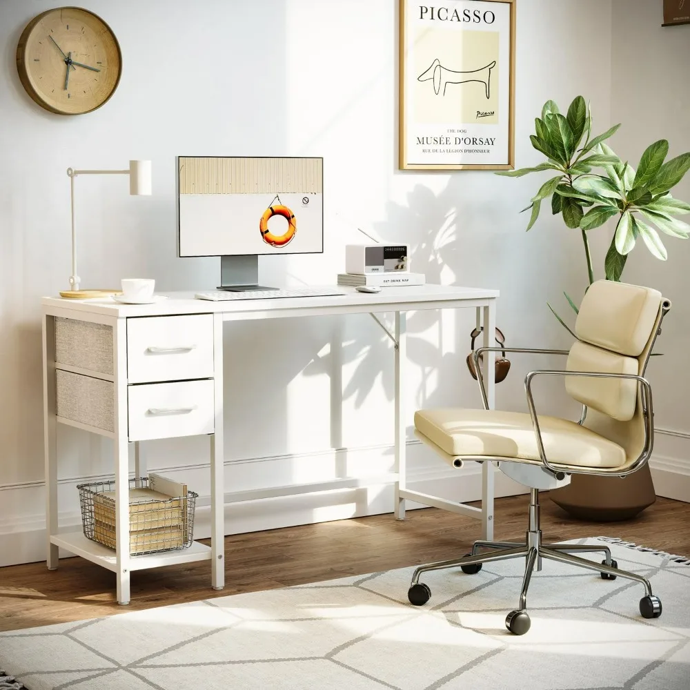 مكتب كمبيوتر CubiCubi مع درجين، مكتب مكتب منزلي صغير مقاس 40 بوصة مع طاولة كتابة للدراسة، أبيض نقي #2