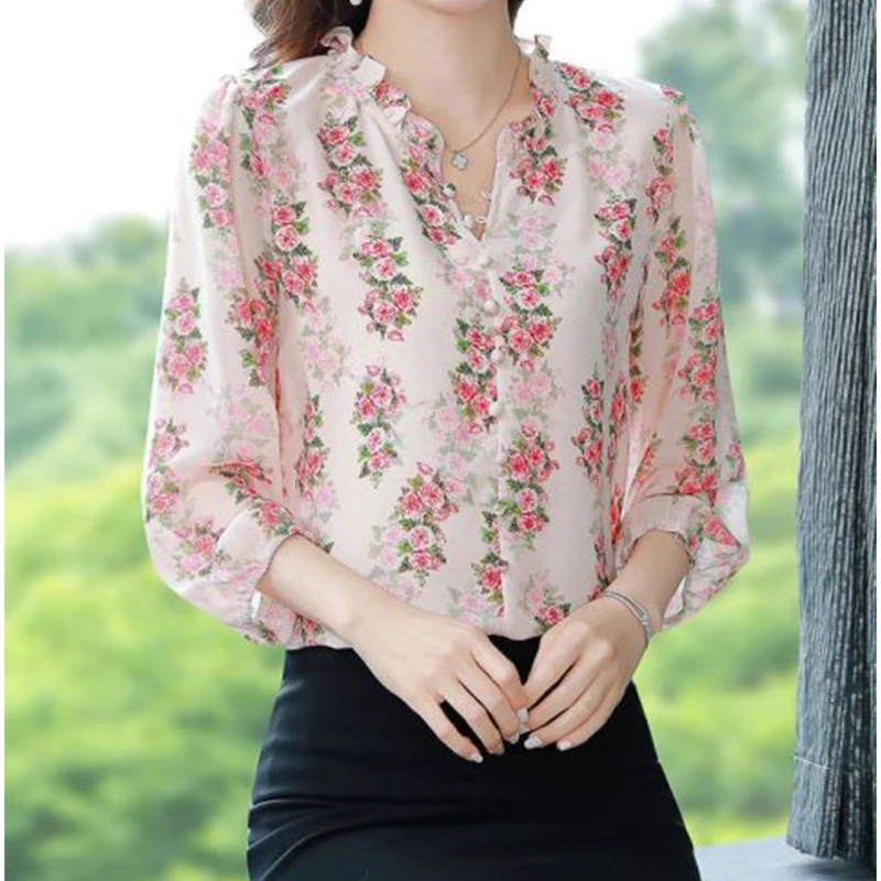 Ladies Spring Fashion Trend Floral Chiffon Loose Lapel Soft Nine-minute Sleeve Shirts Women Clothing Casual Printing Blouse