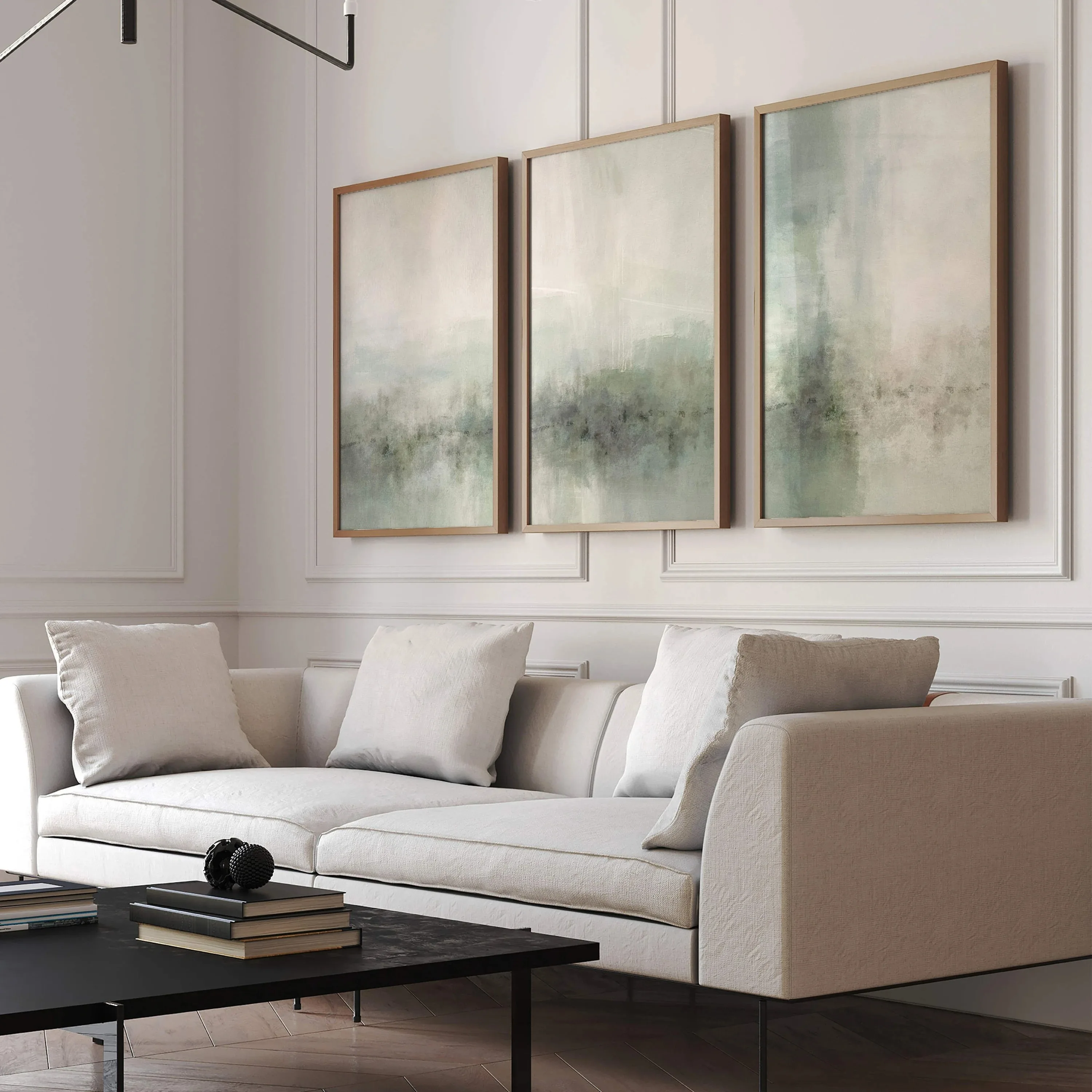 Sage Green Landscape Wall Art Triptych: Zen-inspired Abstract Art, Minimalist Painting, Retro Light Green Poster, Home Decor
