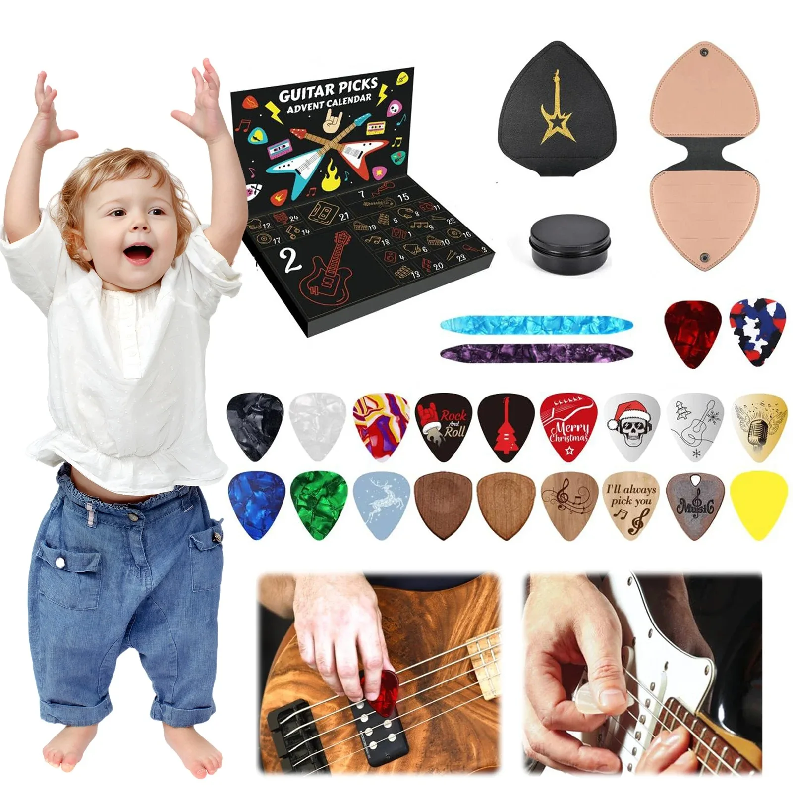 Guitar Picks Countdown Calendar with 20 Guitar Picks & 2 Oud Picks Holder Xmas Advent Calendars for Guitar Bass