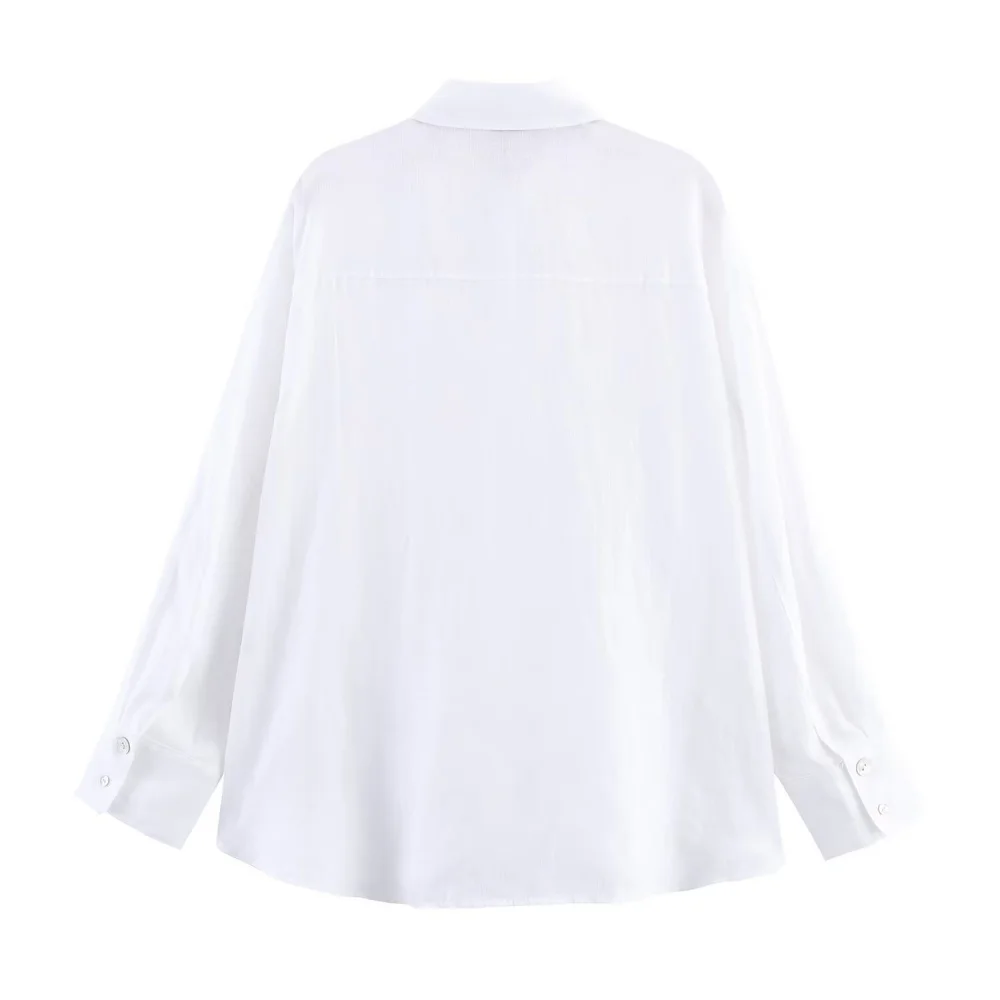 Camisa feminina de decoração de botão de emenda de cor sólida com gola e manga comprida verão nova camisa casual versátil