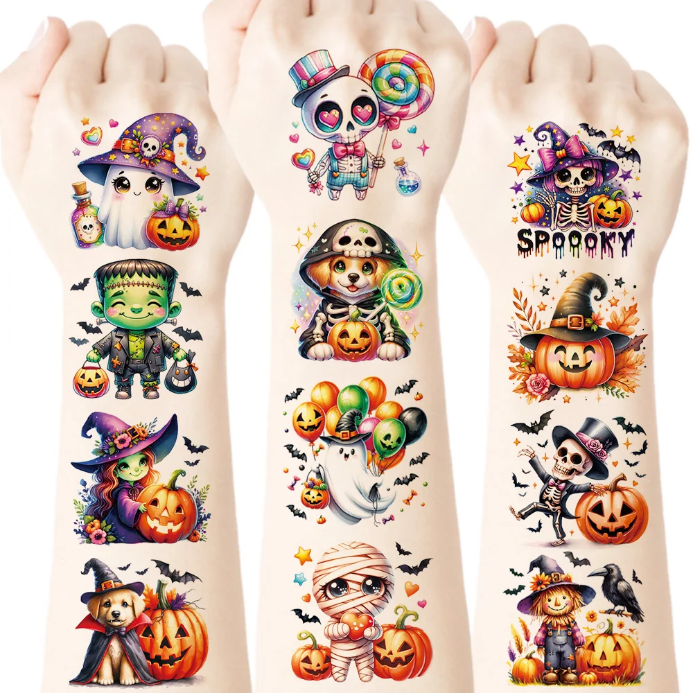 20 Sheets Halloween Temporary Tattoo Stickers Waterproof Witch Pumpkin Ghost Fake Body Tattoos for Men Women Party Decor Gift