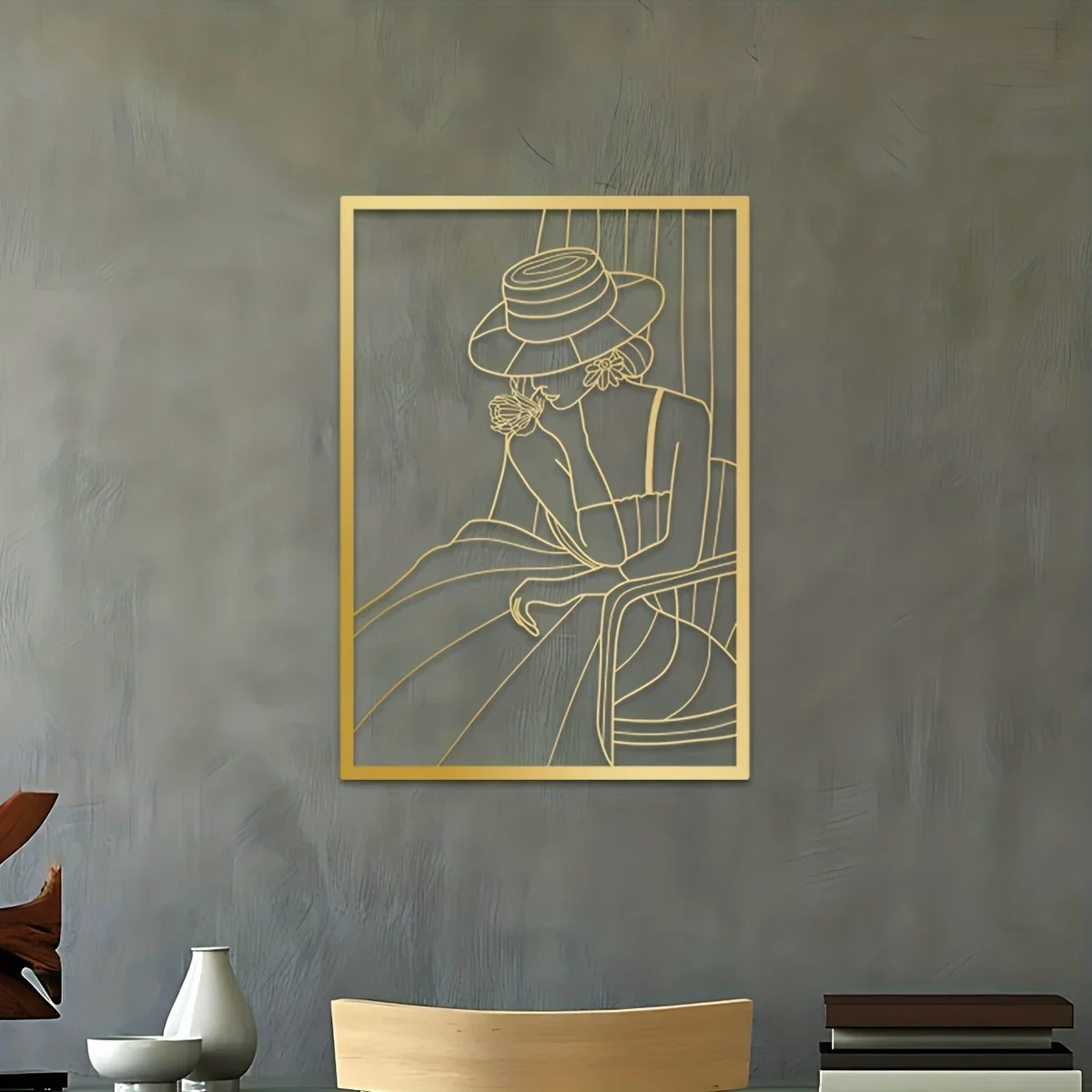 Arte de pared de Metal Vintage para mujer, negro y dorado, minimalista, abstracto, femenino, una sola línea, dibujo moderno para decoración de pared