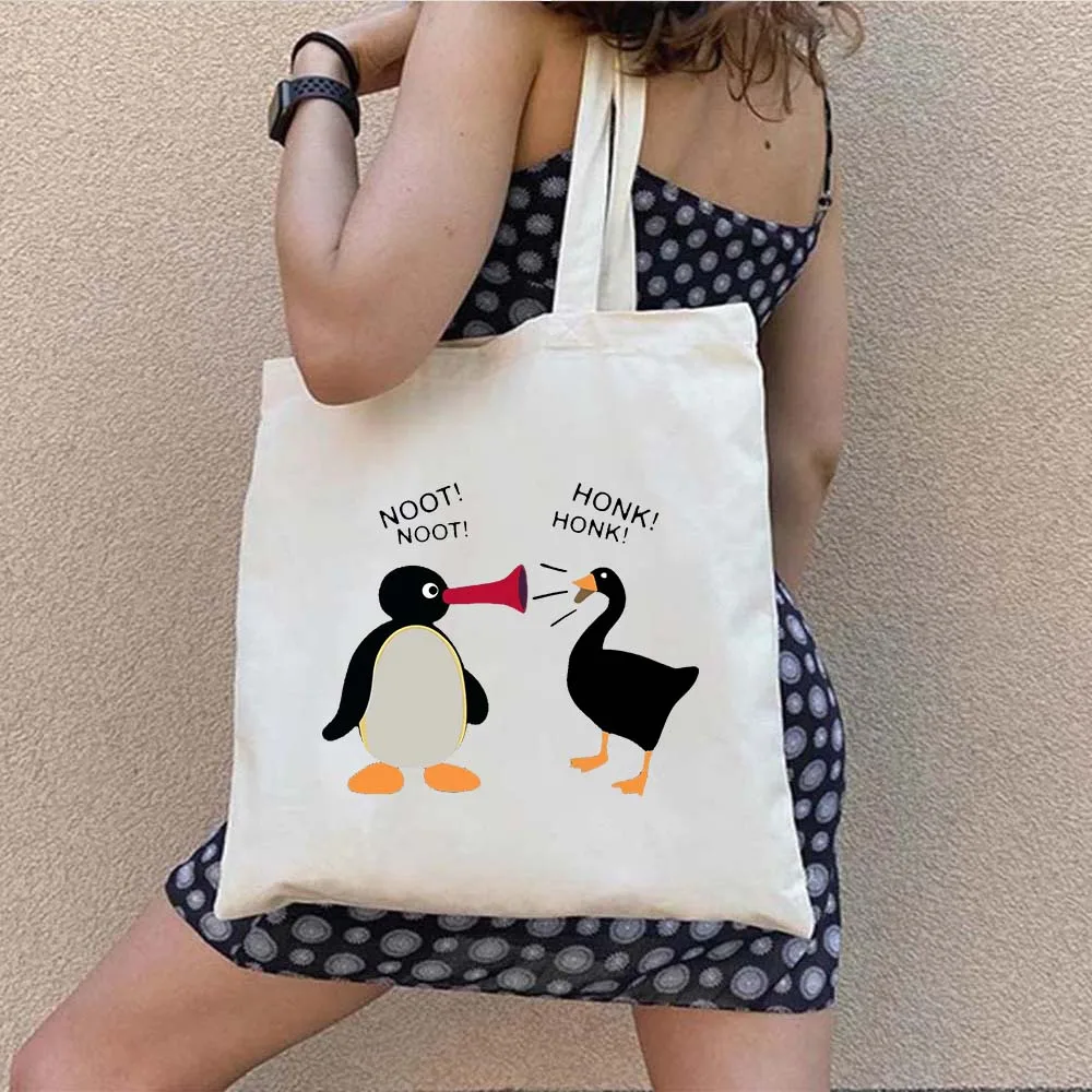 Funny Honk Untitled Goose Game Hoppy Frog Pingu Duck Cartoon Animal Men Women Canvas Shoulder Handbag Tote Shopper Shopping Bags