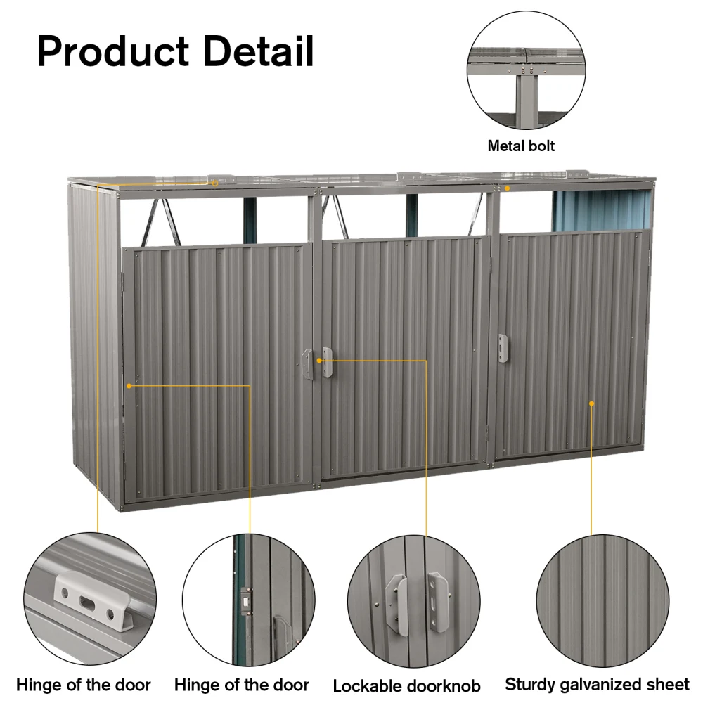 Garbage Bin Shed Stores 3 Trash Cans Metal Outdoor Bin Shed for Garbage Storage,Stainless Galvanized Steel, Bin Shed for Garden