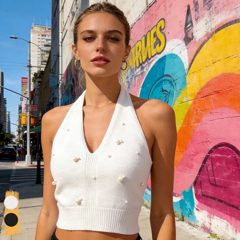 Women Fashionable French Bead Suspenders Tie Condensation Back Knitted Vest Spring Summer Sleeveless Casual Top