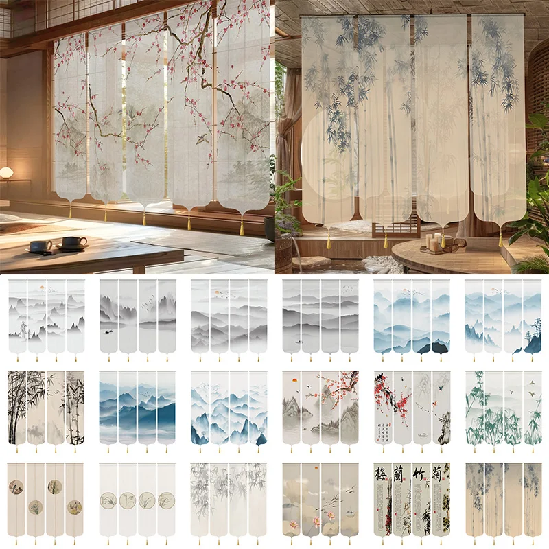 4pcs Chinese Ink Landscape Painting Hanging Cloth Wall Background Cloth Home Decoration Semi Transparent Gauze Curtain Partition