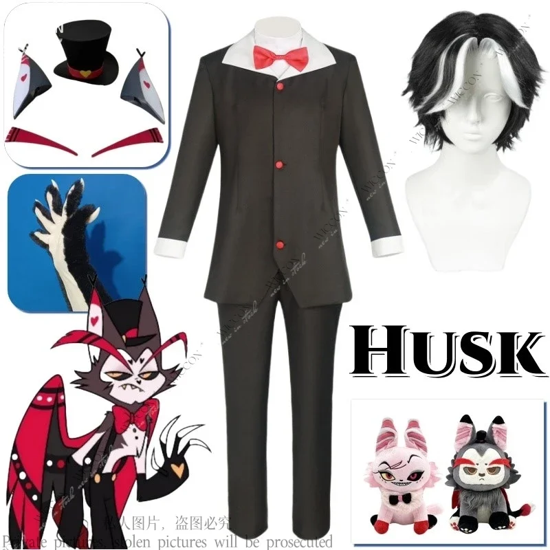 Husk Halloween Cosplay Costume Uniform Party Cosplay Costume Black Outfits With Hat Ears Eyebrows Prop Husk Hasbin Doll Set