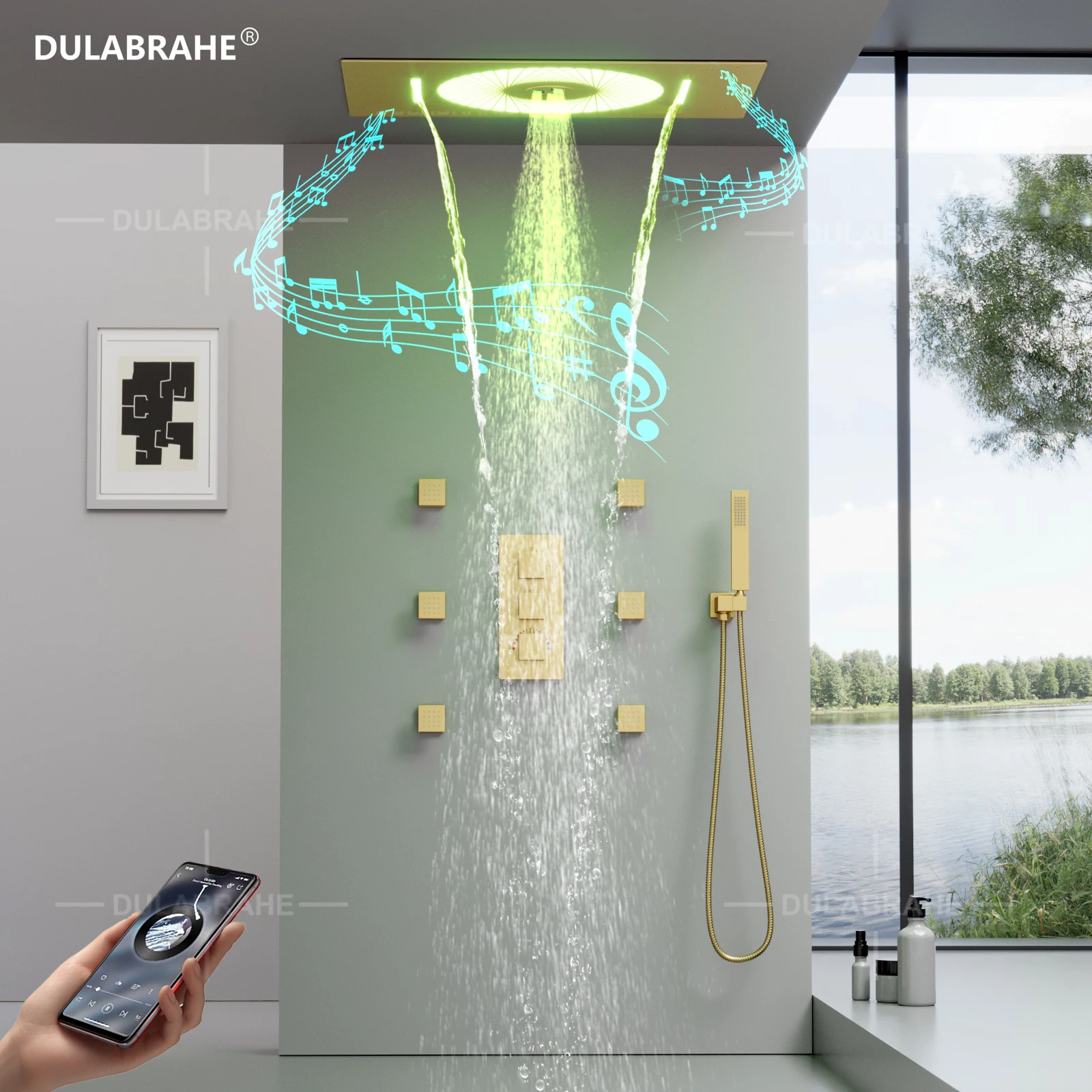 DULABRAHE 2024 Luxury NEW Design 24*16inch LED Music Shower Head Waterfall Thermostatic Sprinkler Massage Shower System Set