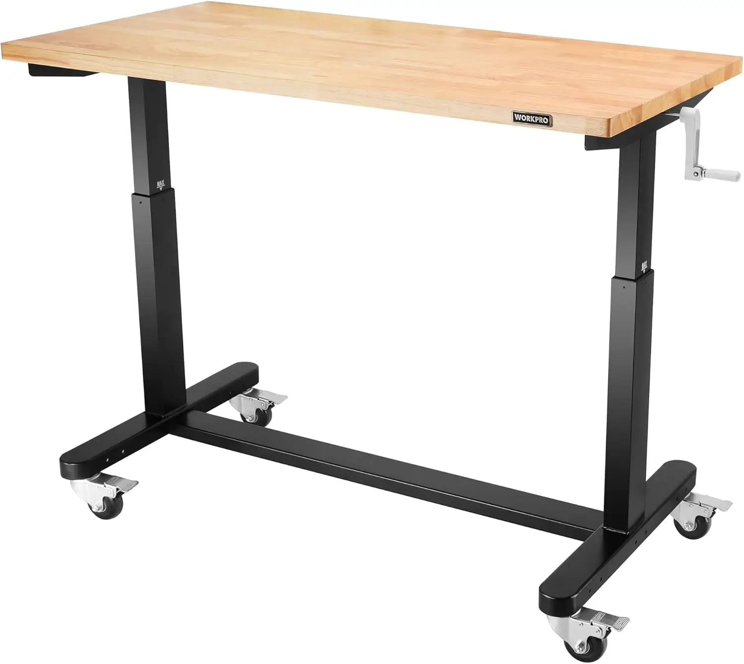 

48” Height Adjustable Work Table with Crank Handle and Casters, 48” x 24” Wooden Top Standing Desk Workbench, Heights from 29”-3