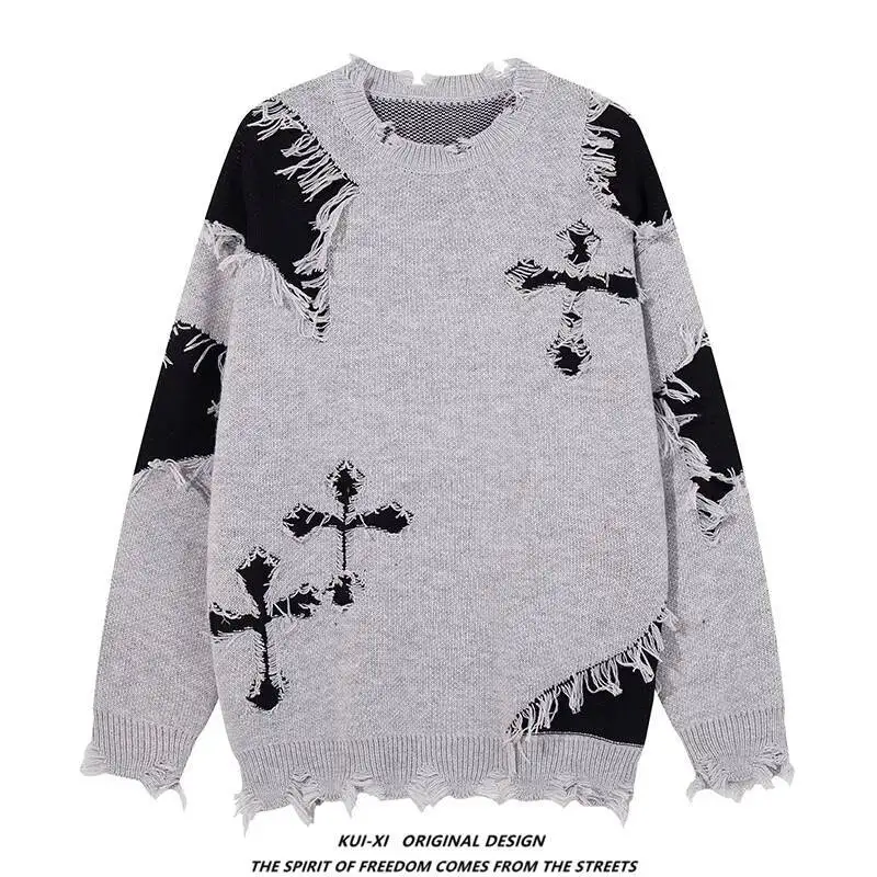 Gothic Punk Unisex Knitting Sweater Unique Versatile Loose Crew Neck Knit Pullover Distressed High Street Sweater For Couples
