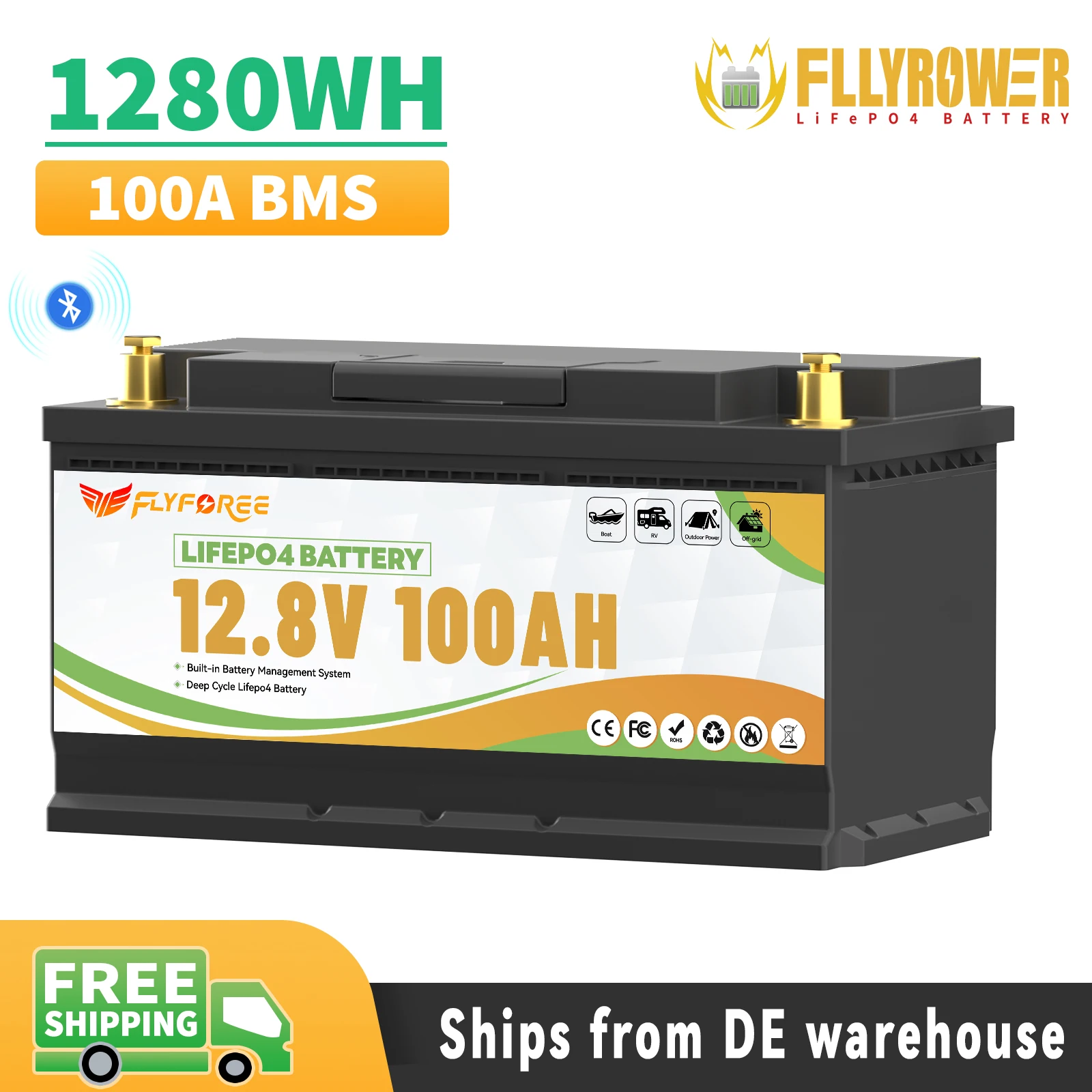 FLLYROWTH 12 فولت 100 أمبير LiFePo4 بطارية ليثيوم حزمة 100A BMS لمحركات القوارب RV العاكس الرياح الشمسية بطارية ليثيوم فوسفات الحديد