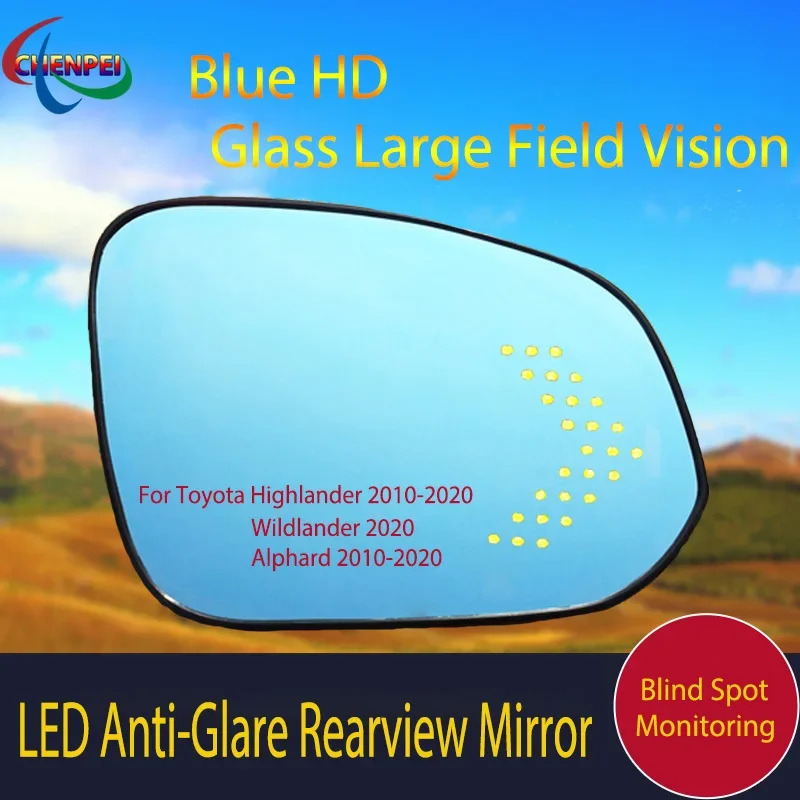 

Large View Blue Mirror Electrically Heated Rearview Mirror With LED Turn Indicator For Toyota Highlander Wildlander 2010-2020