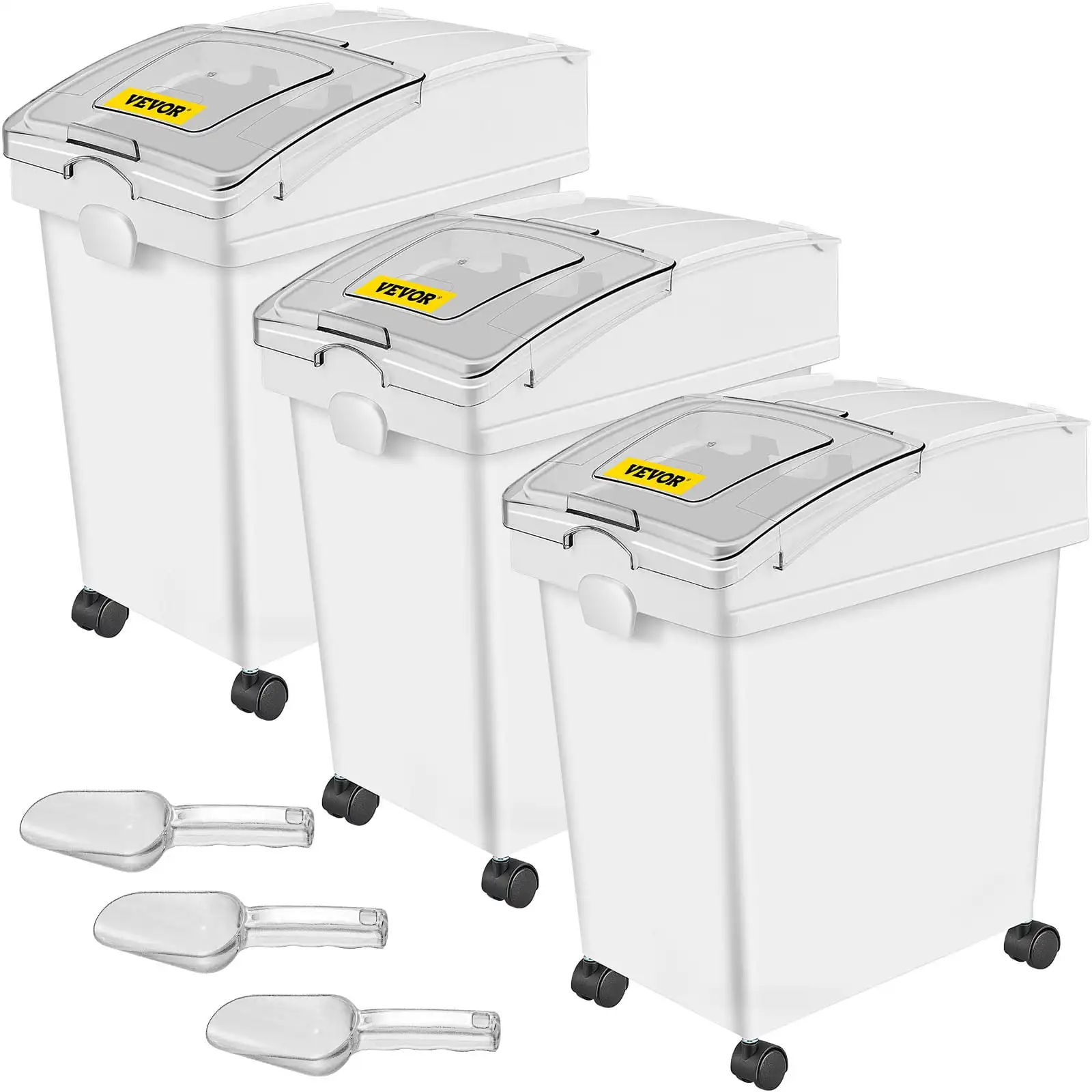 VEVORbrand Ingredient Bin, 6.6 Gallons Capacity Ingredient Storage Bin, 3 Pcs/Set, White Shelf with Scoop and Sliding Lid