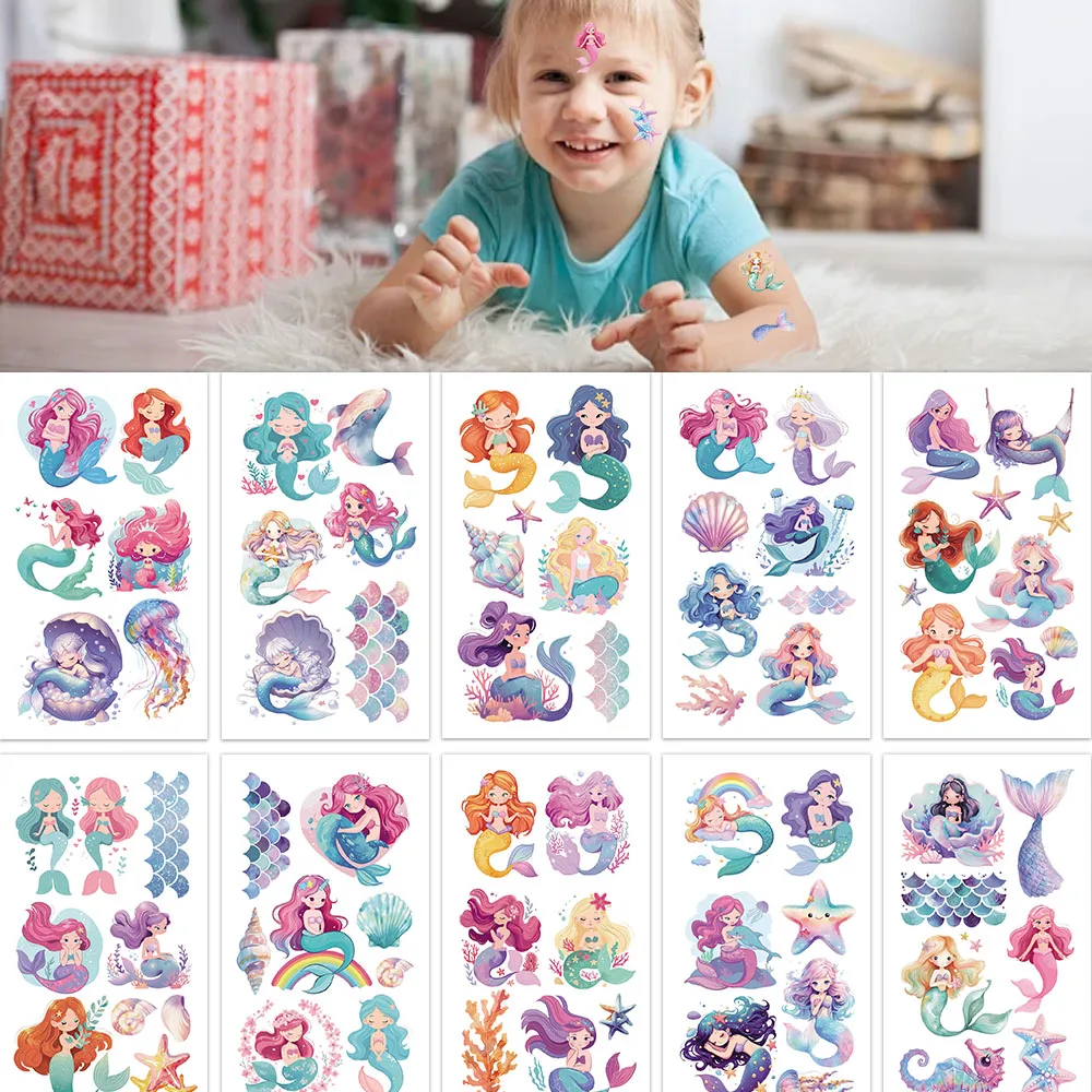 10PCS Mermaid Tattoo Stickers Exquisite Color Fake Tattoo Personalized Retro Tattoo Premium Waterproof Durable