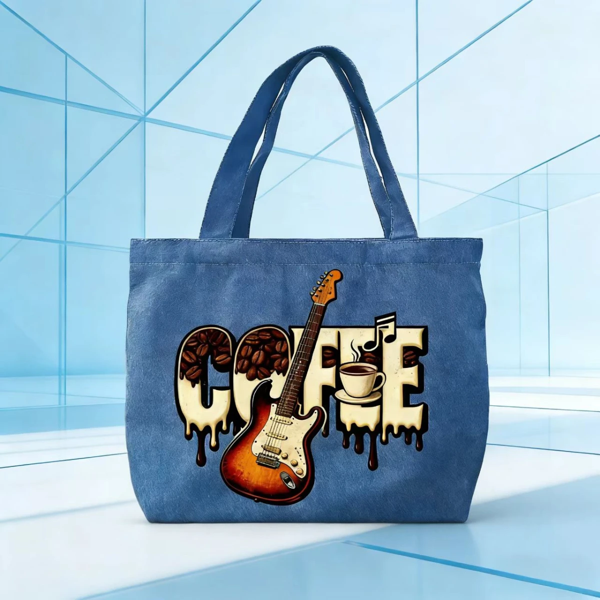 

1 шт., холщовая джинсовая сумка с креативным кофейным музыкальным элементом, модная ручная холщовая сумка большой вместимости, простая сумка на одно плечо
