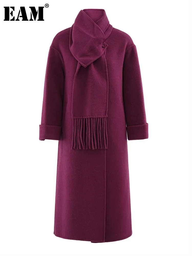 

[EAM] Purple With Scarf Big Size Woolen Coat New Stand Collar Long Sleeve Women Jacket Fashion Tide Autumn Winter 2024 CPG2172