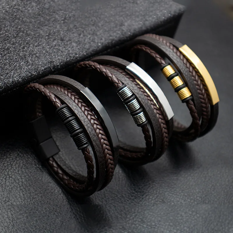 Male Multistrand Braided Leather Wrist Bracelet Punk Stainless Steel Magnetic Closure Men Jewelry Gift