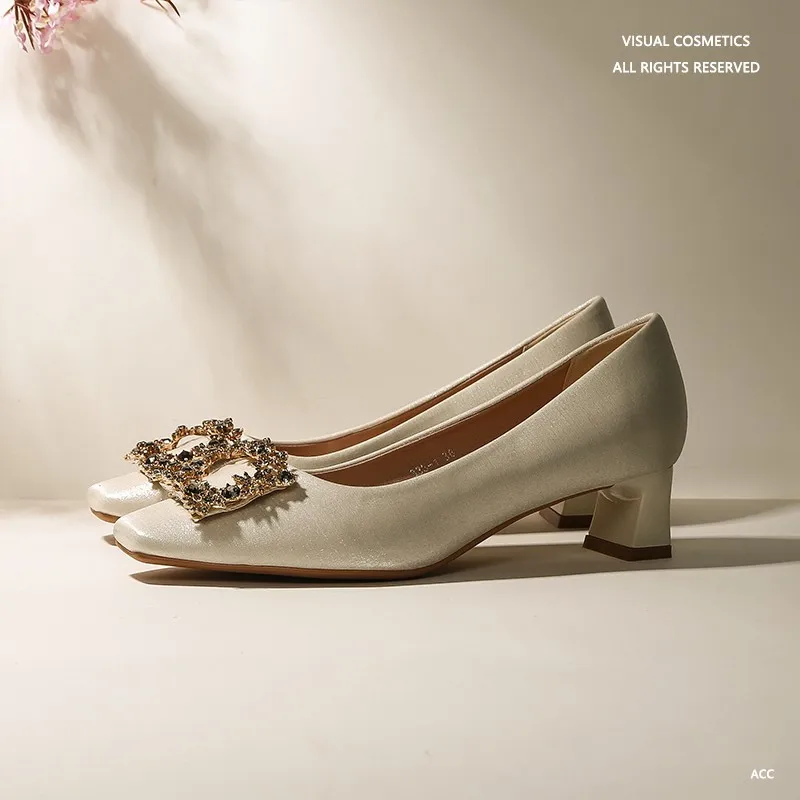 

Luxury French Rhinestone Buckle Pumps Women's Pointed Toe Mid-heel Silver Satin Bridal Singles