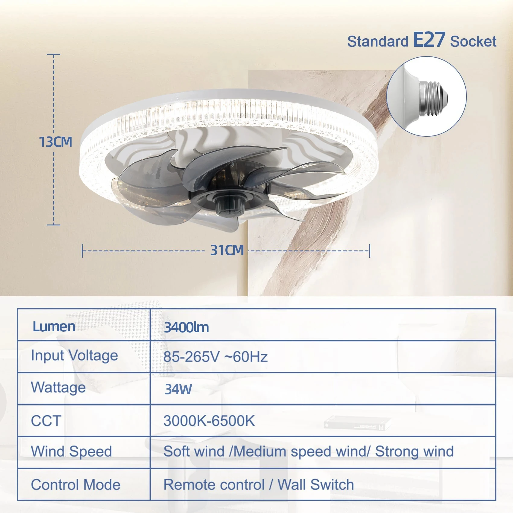 Imagem -05 - Modernos Ventiladores de Teto com Luzes Dimmable Socket Fan Montagem Remota Flush Luzes Mudar Fit para Casa Quarto E27