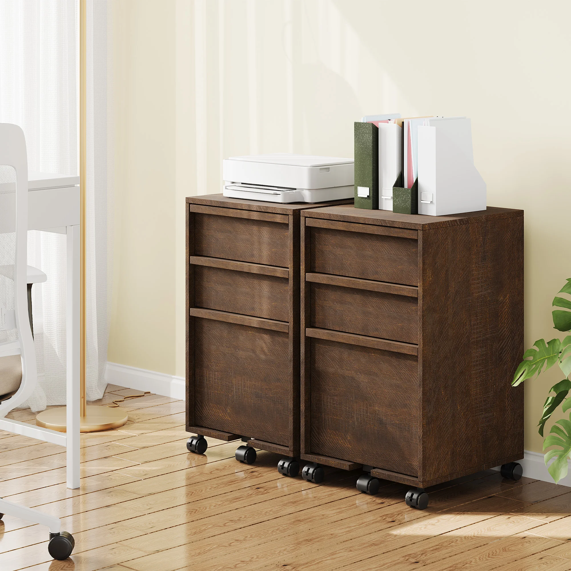 Rolling File Cabinet with 3 Drawers, Wood Mobile Filing Cabinet for Home Office, Under Desk Printer Stand with Wheels, Large File Drawer, 2 Locking Casters