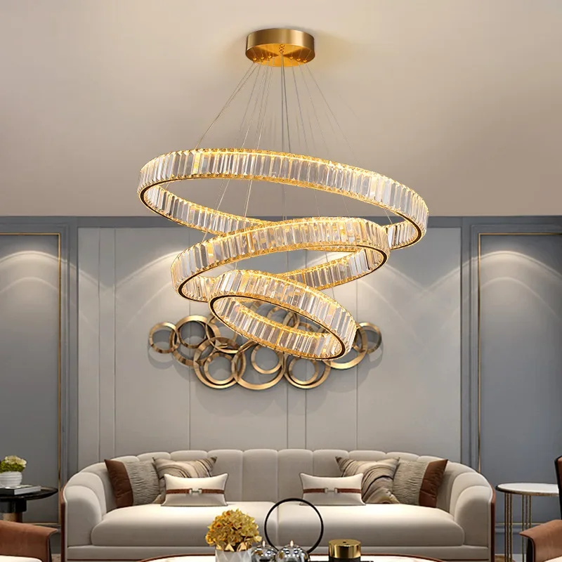 

Modern Chrome Gold Steel Led Chandelier Villa Stairs Dimmable Circle Chandelier Lighting Foyer Hanging Chandelier Lamp Fixtures