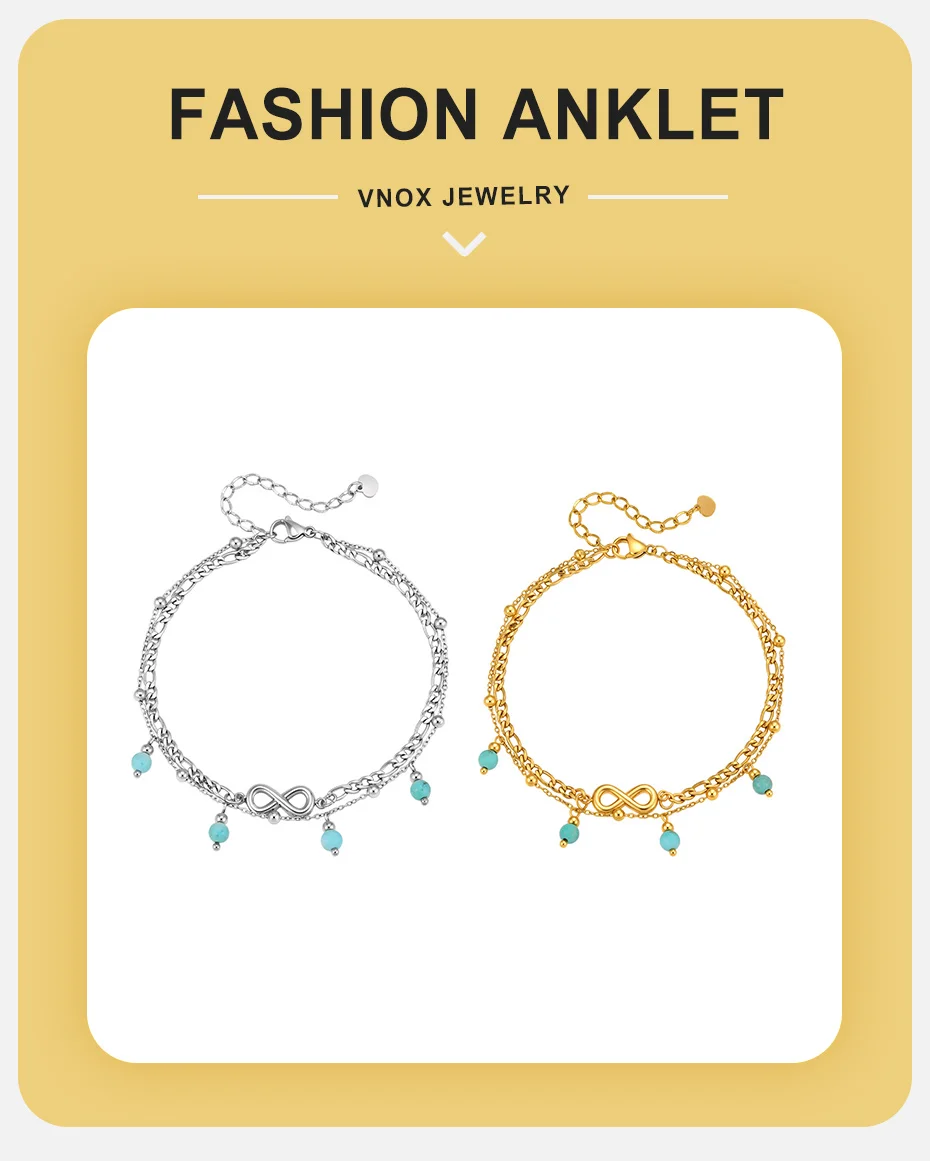 Vnox Neues Boho Doppellagiges Infinity Damen-Fußkettchen aus Edelstahl, Vergoldet, Sommerschmuck für den Strand – Detail 1