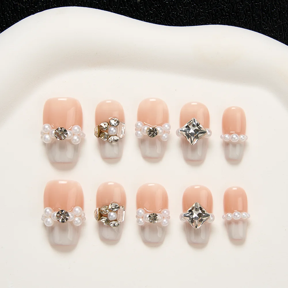 10枚入り ハンドメイド つけ爪 パール フレンチ キャッツアイ ダイヤモンド フラッシュ ネイルチップ 女性＆女の子向け 取り外し可能 ウェアラブル ネイルアート