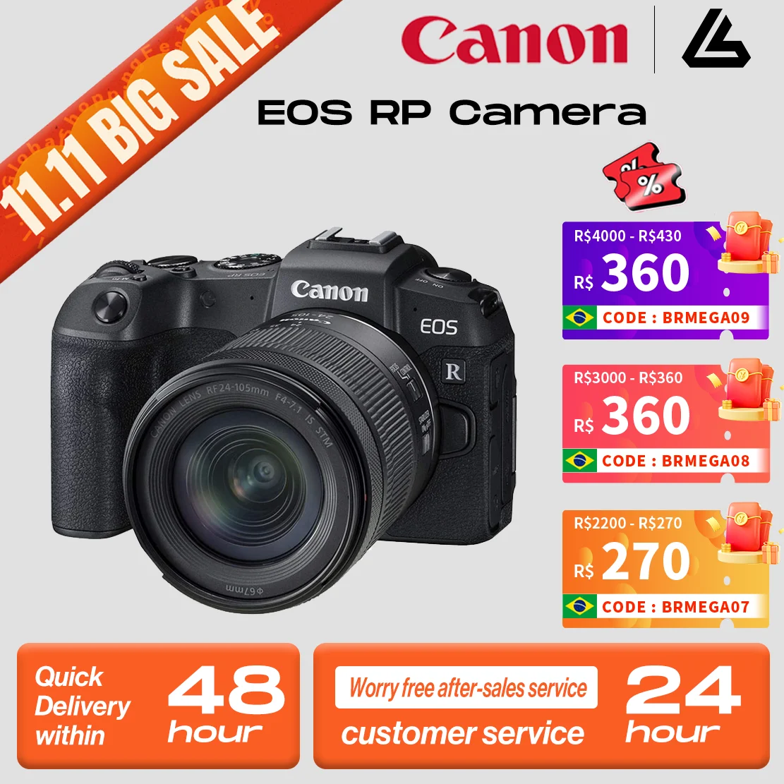 【Do Brasil】Canon EOS RP Full-Frame Mirrorless Camera 4K Video Body with RF 24-105 Mm F4 STM USM Lens Professional Digital Came