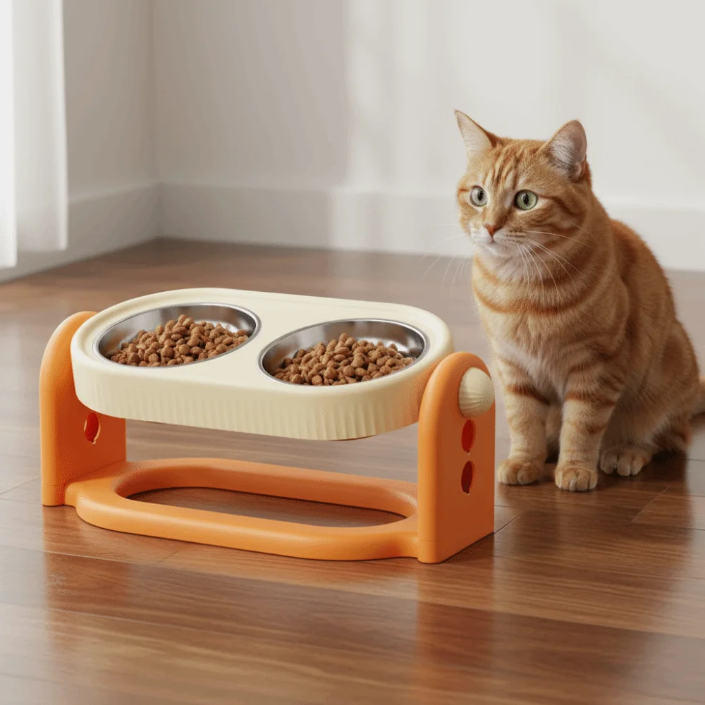 

Rotatable Pet High Footed Bowl Non-Slip Double Bowls Cat Food Water Bowl Anti-vomiting with Stand Elevated Pet Feeder Bowl