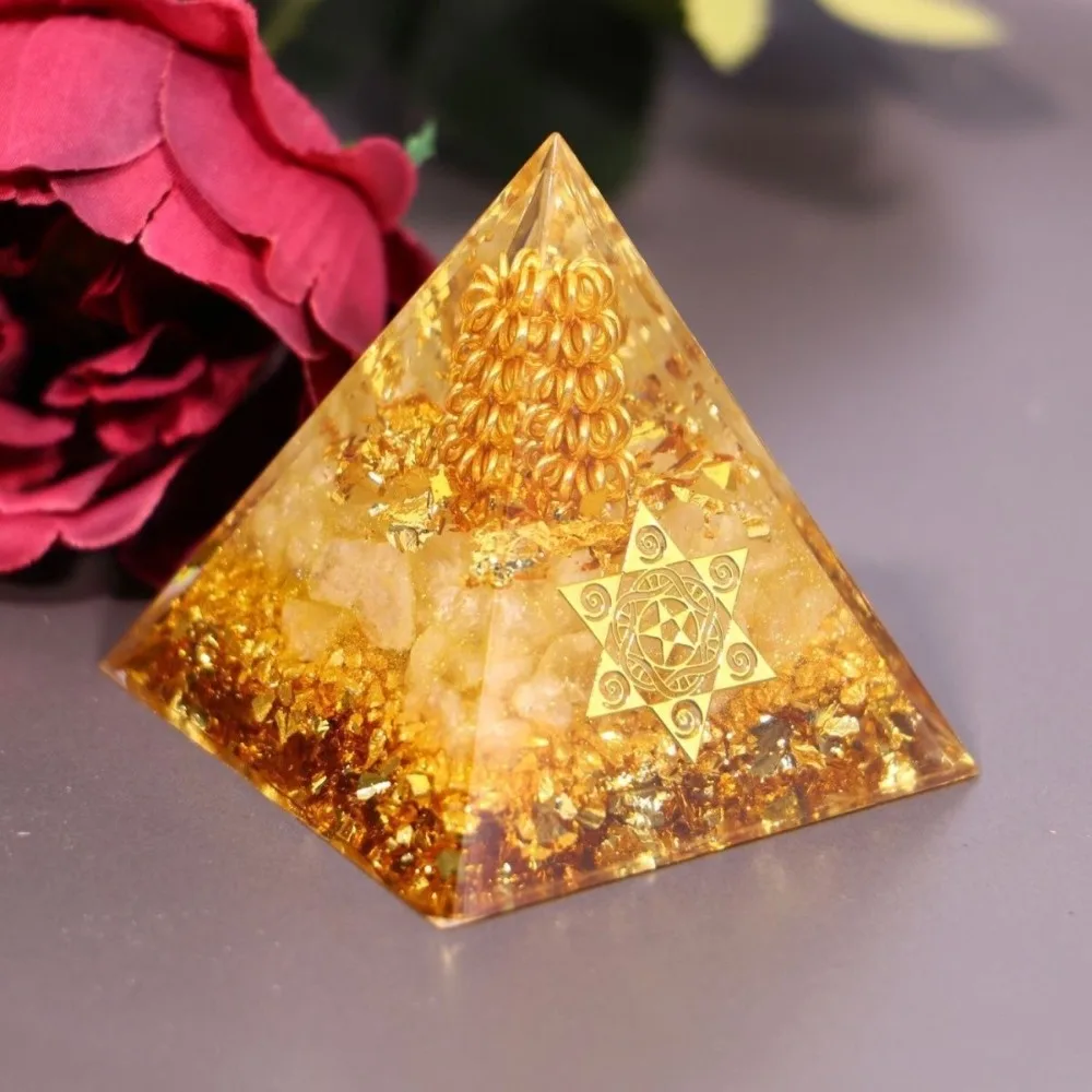 E9 5/6/8CM Crystal Pyramid Resin Handmade Citrine Orgonite Pyramid Cube Design Gifts Prosperity Attraction Crystal Home Decor