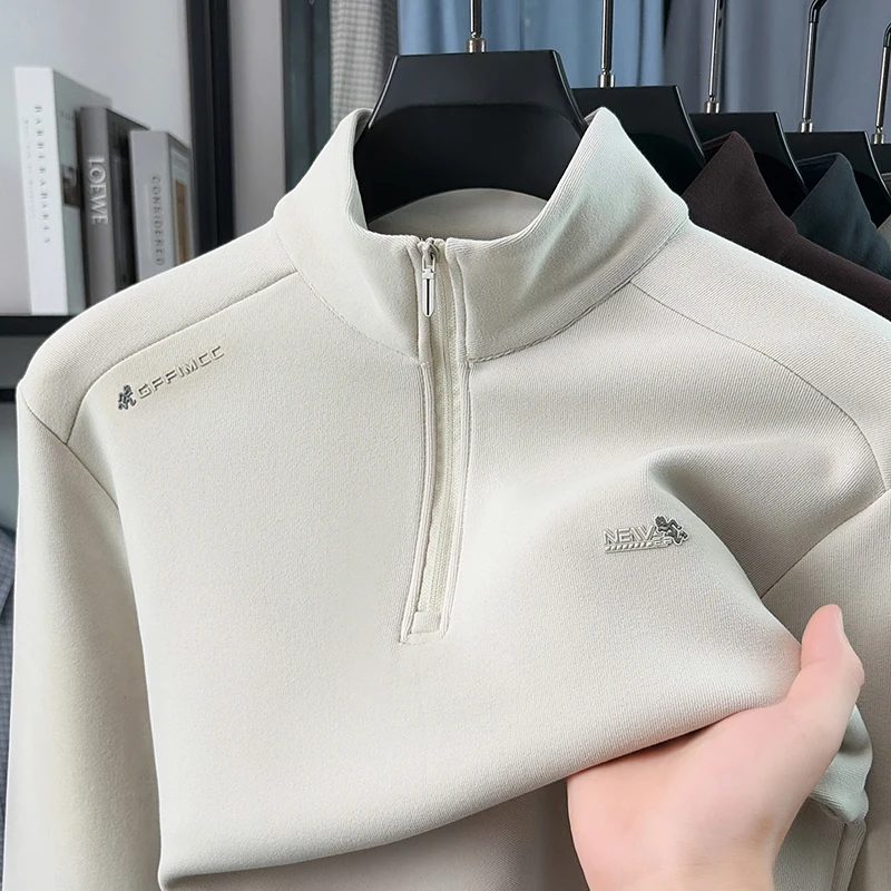 Luxury Brand New Men's Exquisite Printed T-shirt Autumn Fashion Long Sleeved Stand Collar Half Zipper Thickened Top Men's Wear
