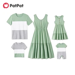 PatPat Family Matching Solid Tiered Tank Dresses and Short-sleeve Colorblock T-shirts Sets