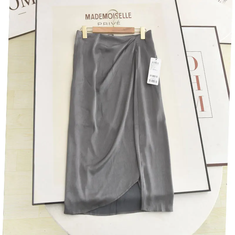 

Ele Satin f Skirt with Asymmetrical Slit Versatile High-End Feel Commute Floral Embroidery Midi Skirt for Women