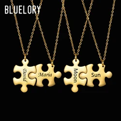 Bluelory Customized Lovers Puzzle Name Necklace For Women Men Girlfriend Boyfriend Gold Stainless Steel Couple Jewelry Gift