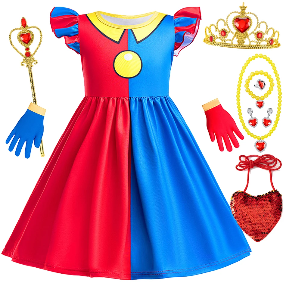 Pomni Cosplay Fancy Dress Kids Amazing Circus Role Play Clown Costumes Girls 3D Print Frocks Children Halloween Carnival Clothes