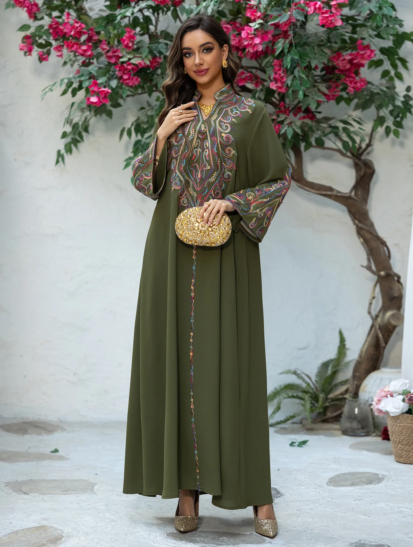 Muslim Ladies Abaya Colorful Floral Embroidery Dress Loose Robe Stand V-neck Clothing Ethnic Jalabiya Women Islamic Kaftan Gown