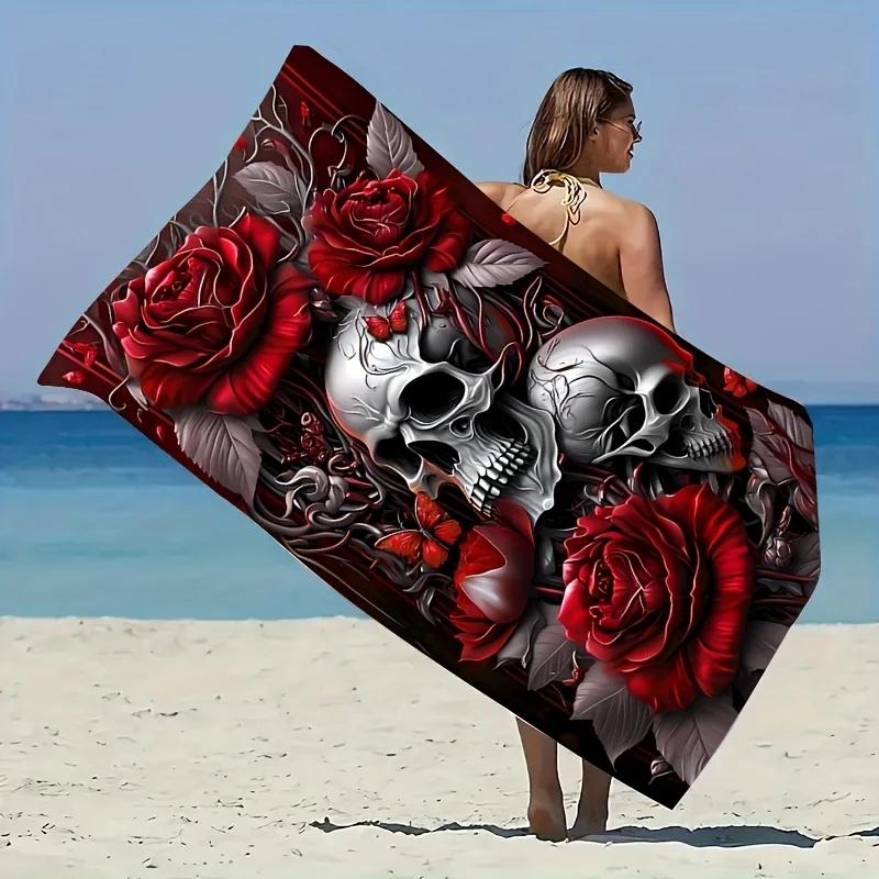 Gothic Floral Skull Beach Towel Oversized Microfiber Towel For Seaside Swimming Outdoor Activities